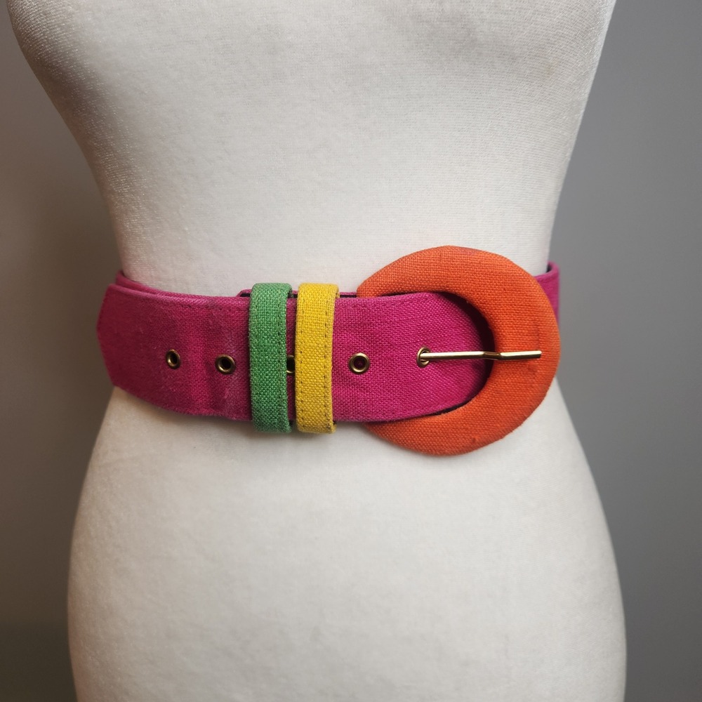 Line One Belt Women M/L Pink Orange Good Vintage Colorblock Wide Fabric Waist